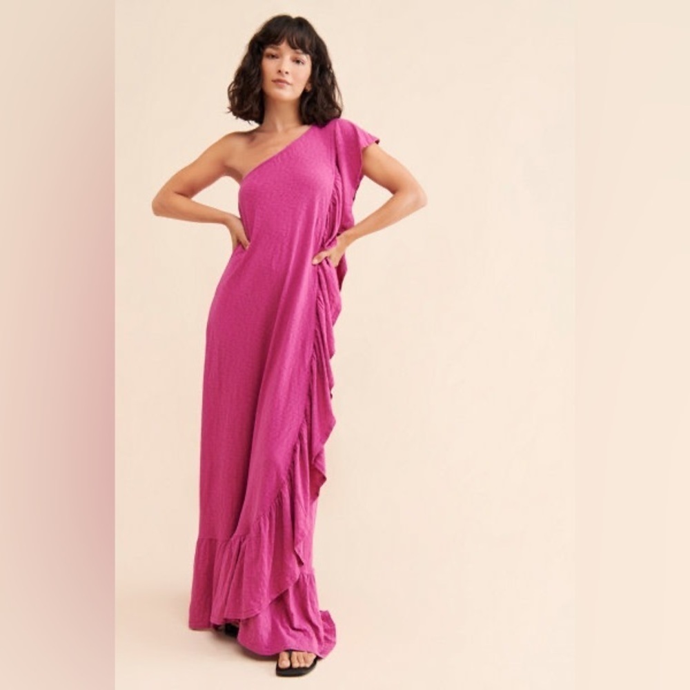Free People Ruffle One Shoulder Maxi Dress sz M Raspberry - Picture 5 of 11